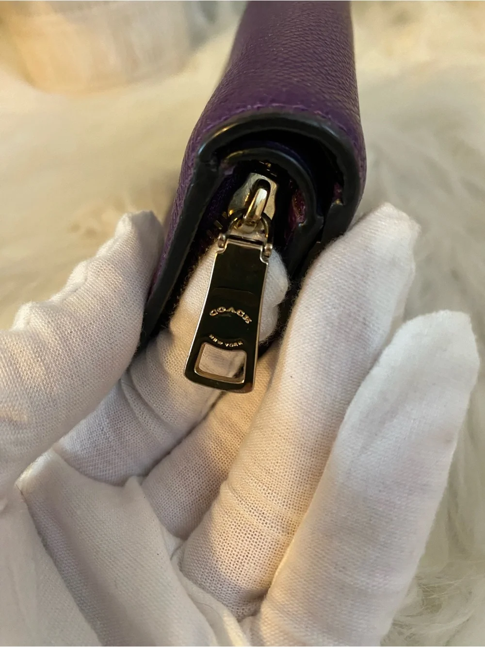 Coach Eggplant Purple Leather Snap-Closure Wallet with Gold Logo